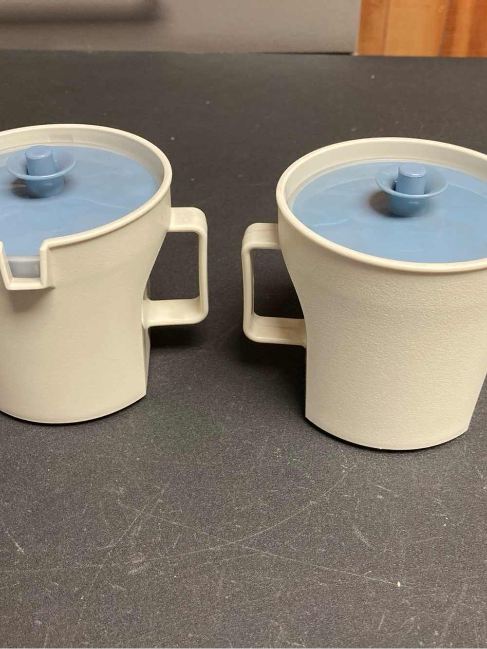 Vintage 70s Tupperware creamer and sugar press down lid white with blue lids